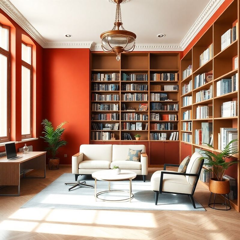 Modern consulting office interior with terracotta accent walls and cream furniture
