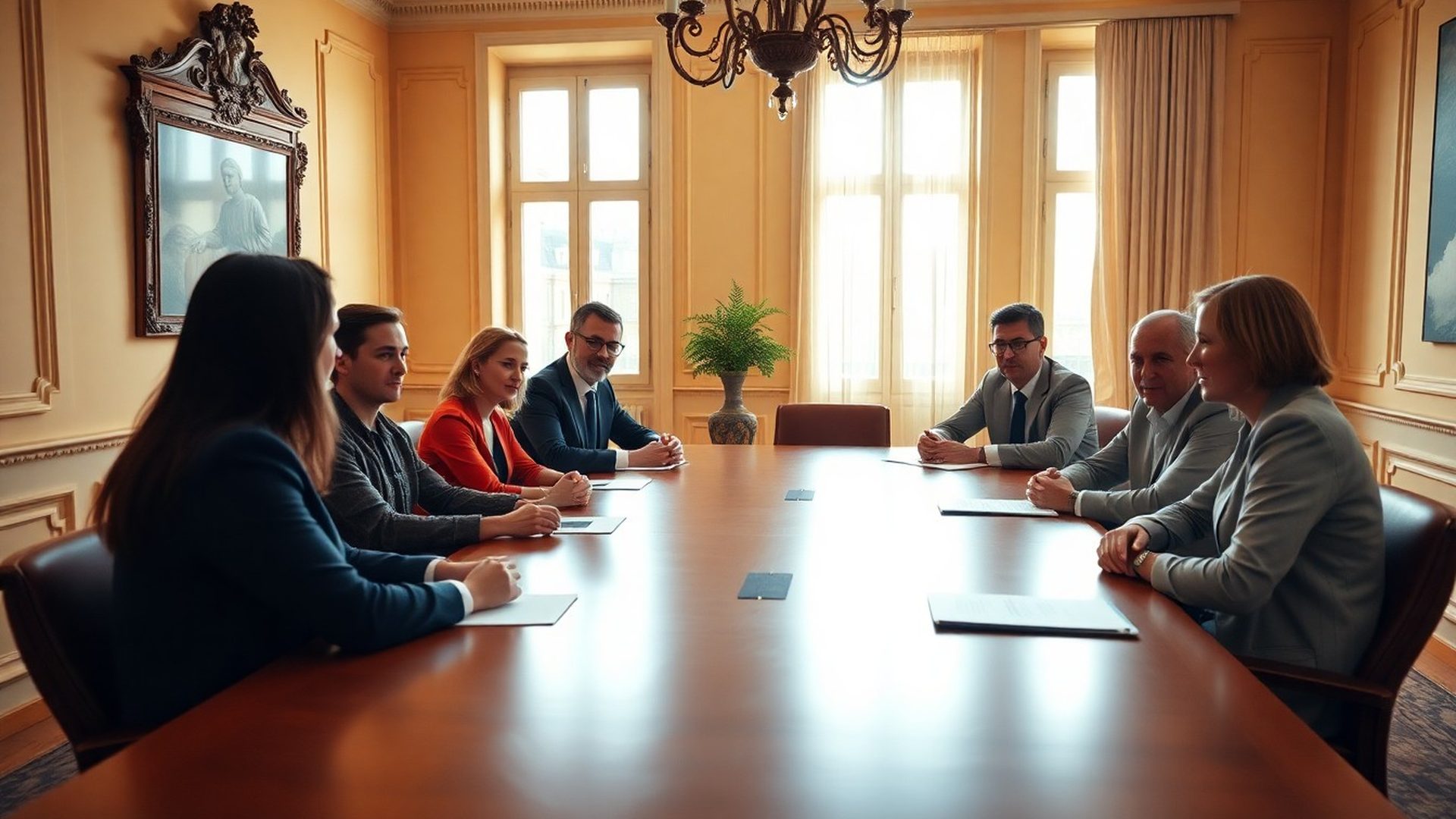Leadership team in discussion around a terracotta-toned boardroom table