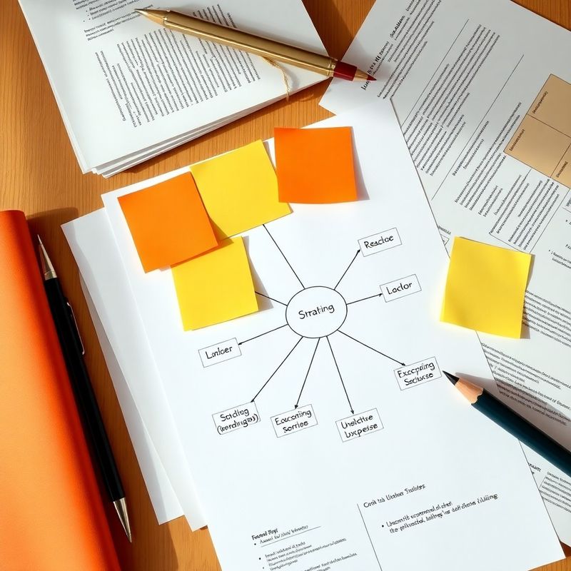Flat lay of strategic planning documents and terracotta sticky notes connecting frameworks across sectors