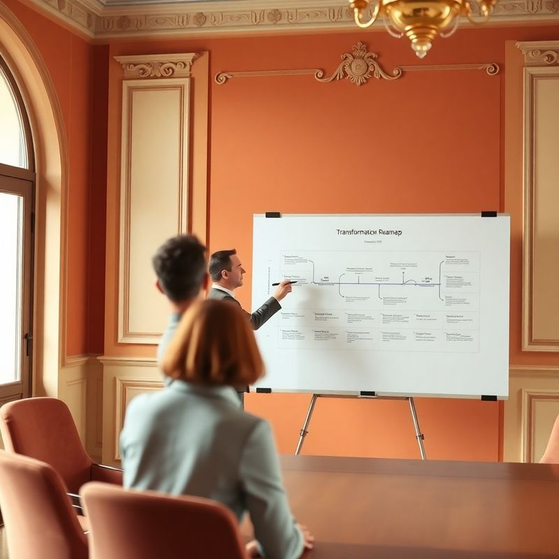 Consultant presenting a transformation roadmap in a warm cream meeting room