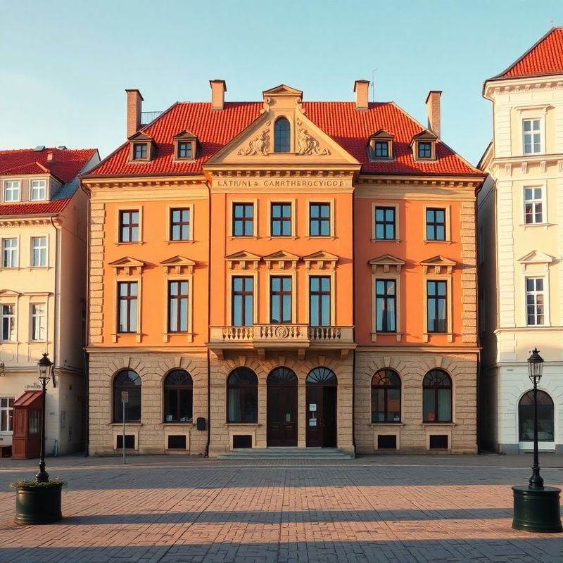 Central European civic building on a town square in Martin, Slovakia, in warm morning light