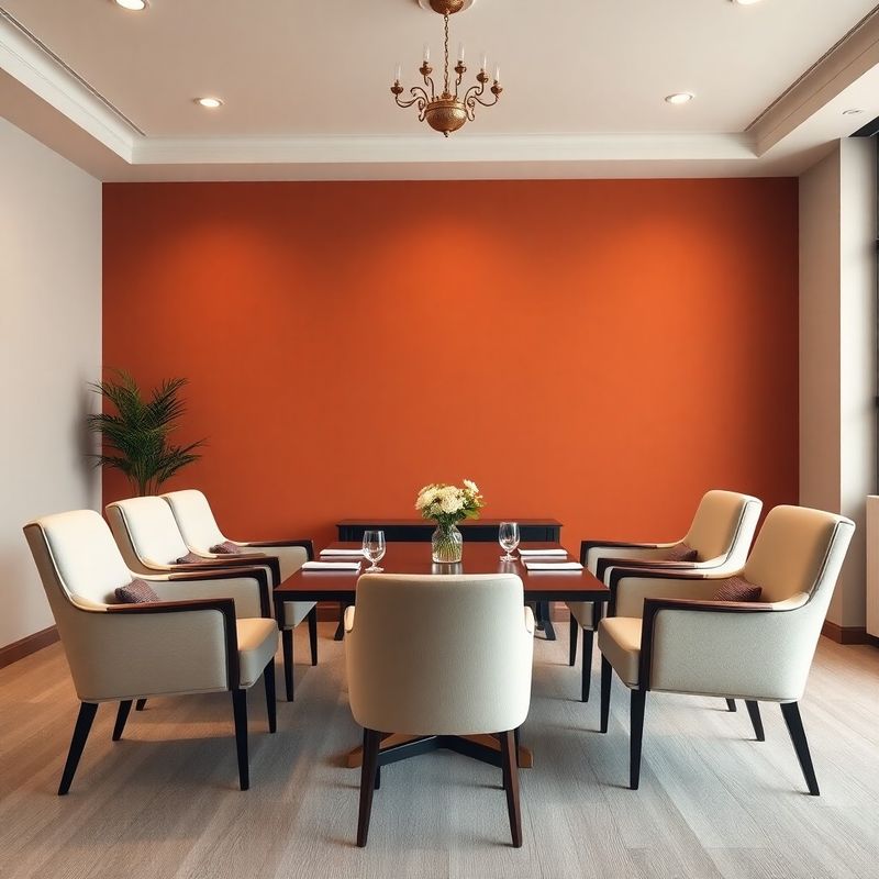 Welcoming consulting meeting room with terracotta accent wall and cream upholstered chairs