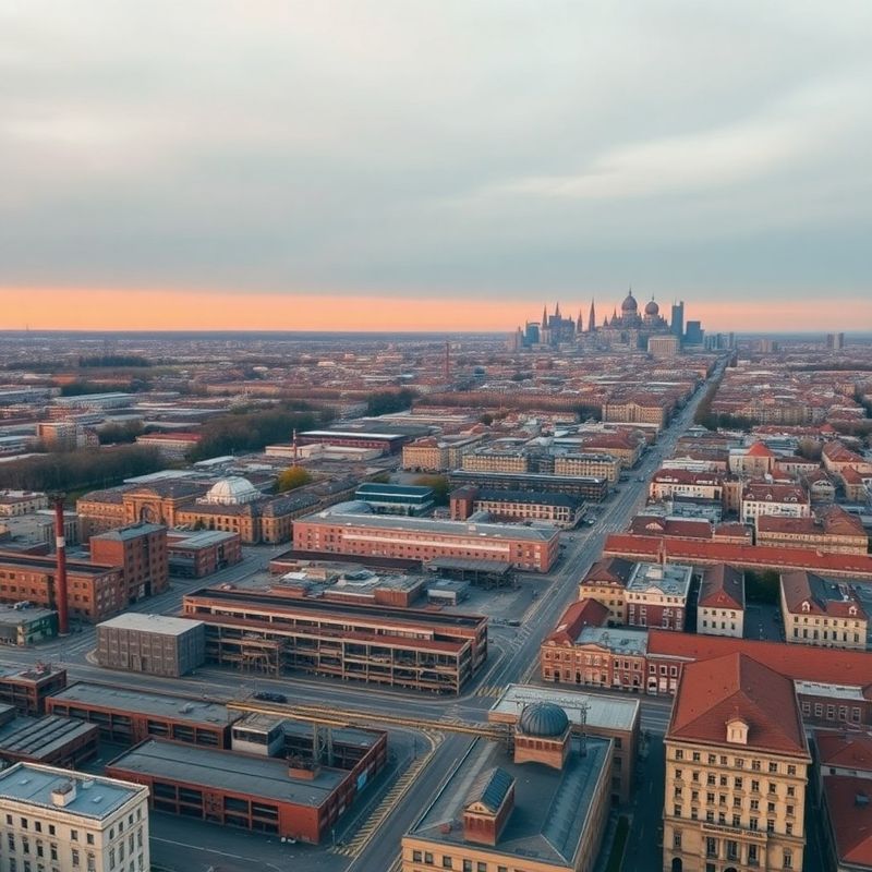 Aerial view of an industrial landscape transitioning into a Central European city skyline at dusk